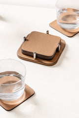 David Leather-Covered Wood Coaster Holder with 6 Leather Coasters