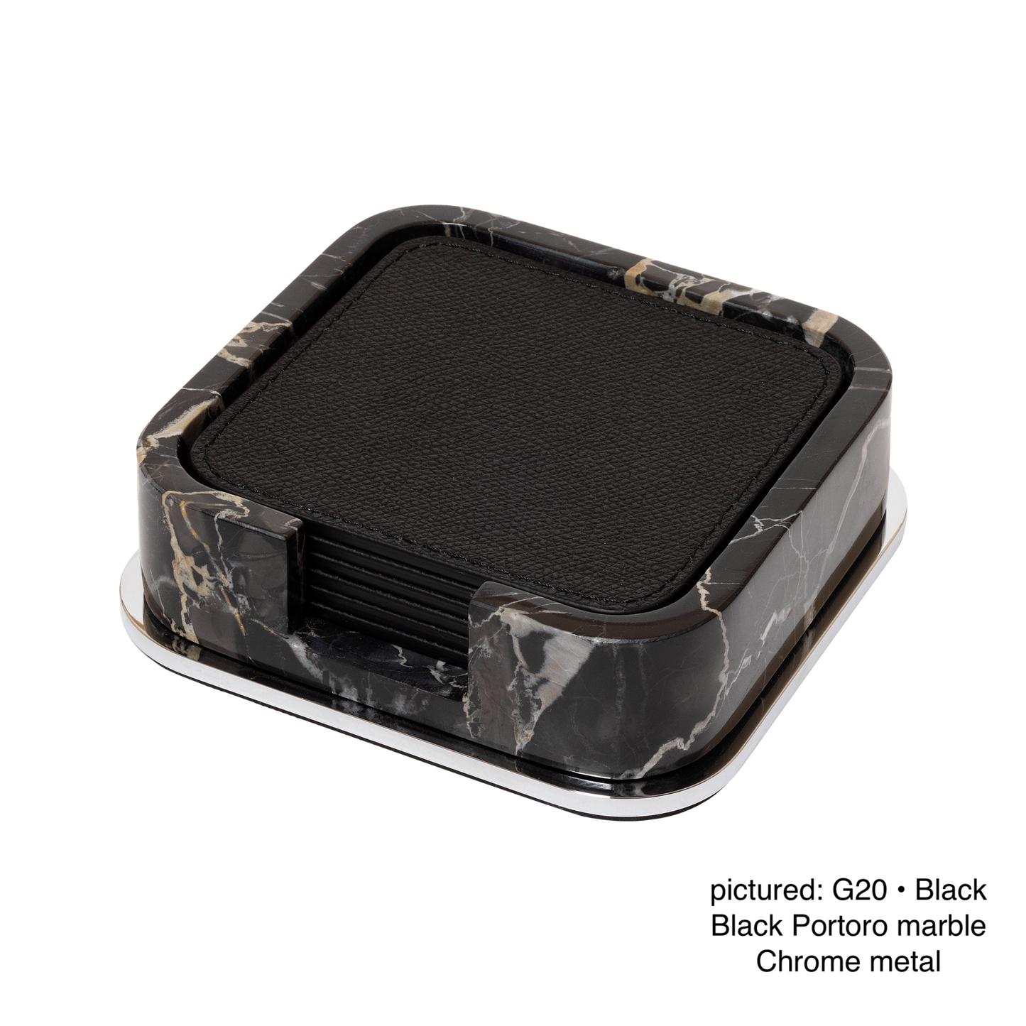 Giobagnara | Polo Marble Coaster Holder Square Rounded: Marble coaster holder with six leather coasters and metal base | Serveware + Hospitality / Coasters | 2Jour Concierge, your luxury lifestyle shop | premium table accessories for expensive interiors, coffee tables, dining rooms, and hospitality spaces
