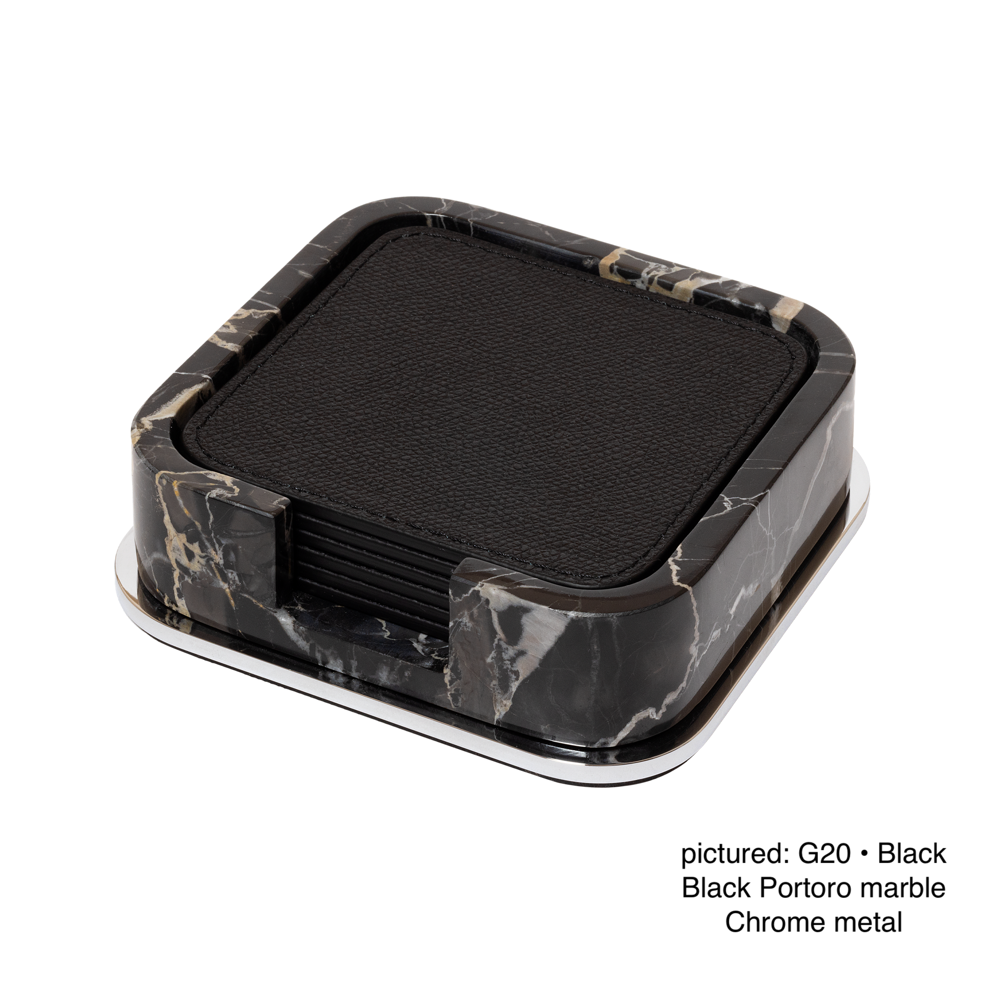 Giobagnara | Polo Marble Coaster Holder Square Rounded: Marble coaster holder with six leather coasters and metal base | Serveware + Hospitality / Coasters | 2Jour Concierge, your luxury lifestyle shop | premium table accessories for expensive interiors, coffee tables, dining rooms, and hospitality spaces