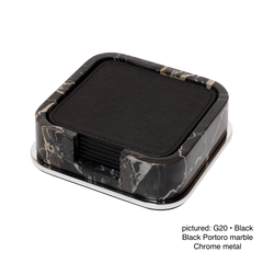 Polo Marble Coaster Holder, Square-Rounded with 6 Leather Coasters and Metal Base