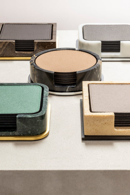 Giobagnara | Firenze Marble Coaster Holder Square: Marble coaster holder with six leather coasters and metal base | Serveware + Hospitality / Coasters | 2Jour Concierge, your luxury lifestyle shop | premium table accessories for expensive interiors, dining tables, coffee tables, and refined hospitality spaces