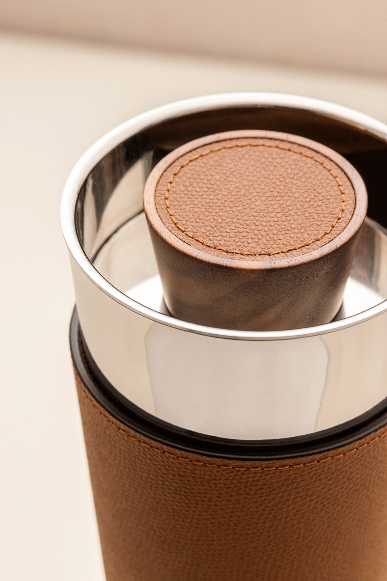 Giobagnara | Ocean Shaker: Leather-covered stainless steel cocktail shaker with walnut wood top | Serveware + Hospitality / Beverage & Extra Accessories | 2Jour Concierge, your luxury lifestyle shop | premium bar accessories, luxury cocktail tools for expensive interiors, private bars, and refined entertaining spaces