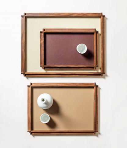 Giobagnara | Structura Tray: Walnut or wenge wood tray with leather inlay in multiple sizes | Serveware + Hospitality / Trays | 2Jour Concierge, your luxury lifestyle shop | luxury decorative storage, premium trays for expensive interiors, consoles, dining settings, and curated surfaces