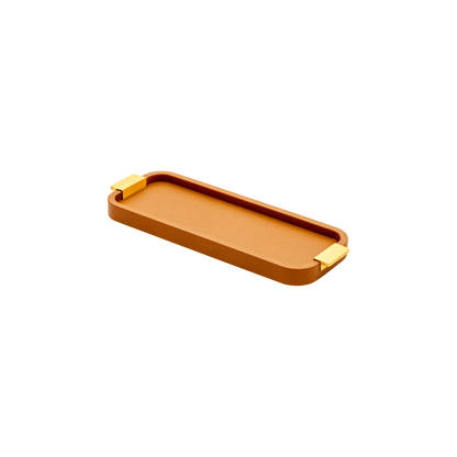 Giobagnara | Puccini Long Rectangular Tray: Leather-covered wood tray with metal handles in chrome, bronze, or brass | Serveware | 2Jour Concierge, your luxury lifestyle shop | luxury serving tray, Giobagnara Puccini, leather tray with handles, Italian designer tray, long rectangular tray