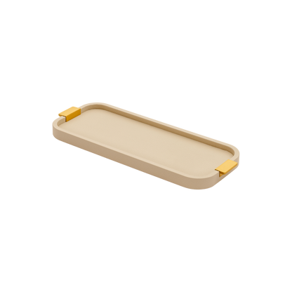 Giobagnara | Puccini Long Rectangular Tray: Leather-covered wood tray with metal handles in chrome, bronze, or brass | Serveware | 2Jour Concierge, your luxury lifestyle shop | luxury serving tray, Giobagnara Puccini, leather tray with handles, Italian designer tray, long rectangular tray