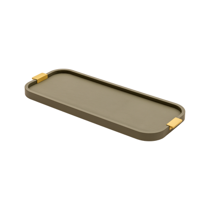 Giobagnara | Puccini Long Rectangular Tray: Leather-covered wood tray with metal handles in chrome, bronze, or brass | Serveware | 2Jour Concierge, your luxury lifestyle shop | luxury serving tray, Giobagnara Puccini, leather tray with handles, Italian designer tray, long rectangular tray