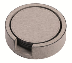 Tao Leather-Covered Wood Coaster Holder Round with 6 Leather Coasters