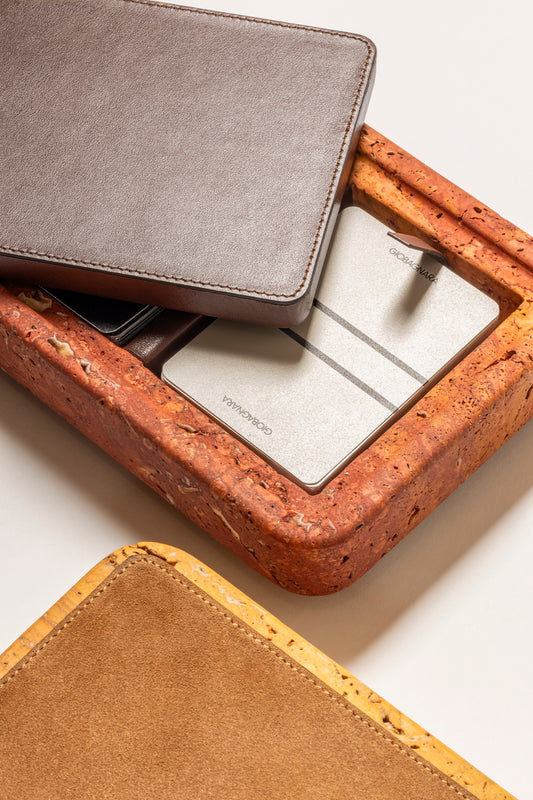 Giobagnara | Rodi Playing Card Holder: Travertine playing card holder with leather-covered lid | Games / Playing Card Holders | 2Jour Concierge, your luxury lifestyle shop | luxury game accessories, premium card storage for expensive interiors, coffee tables, game rooms, and curated entertaining spaces