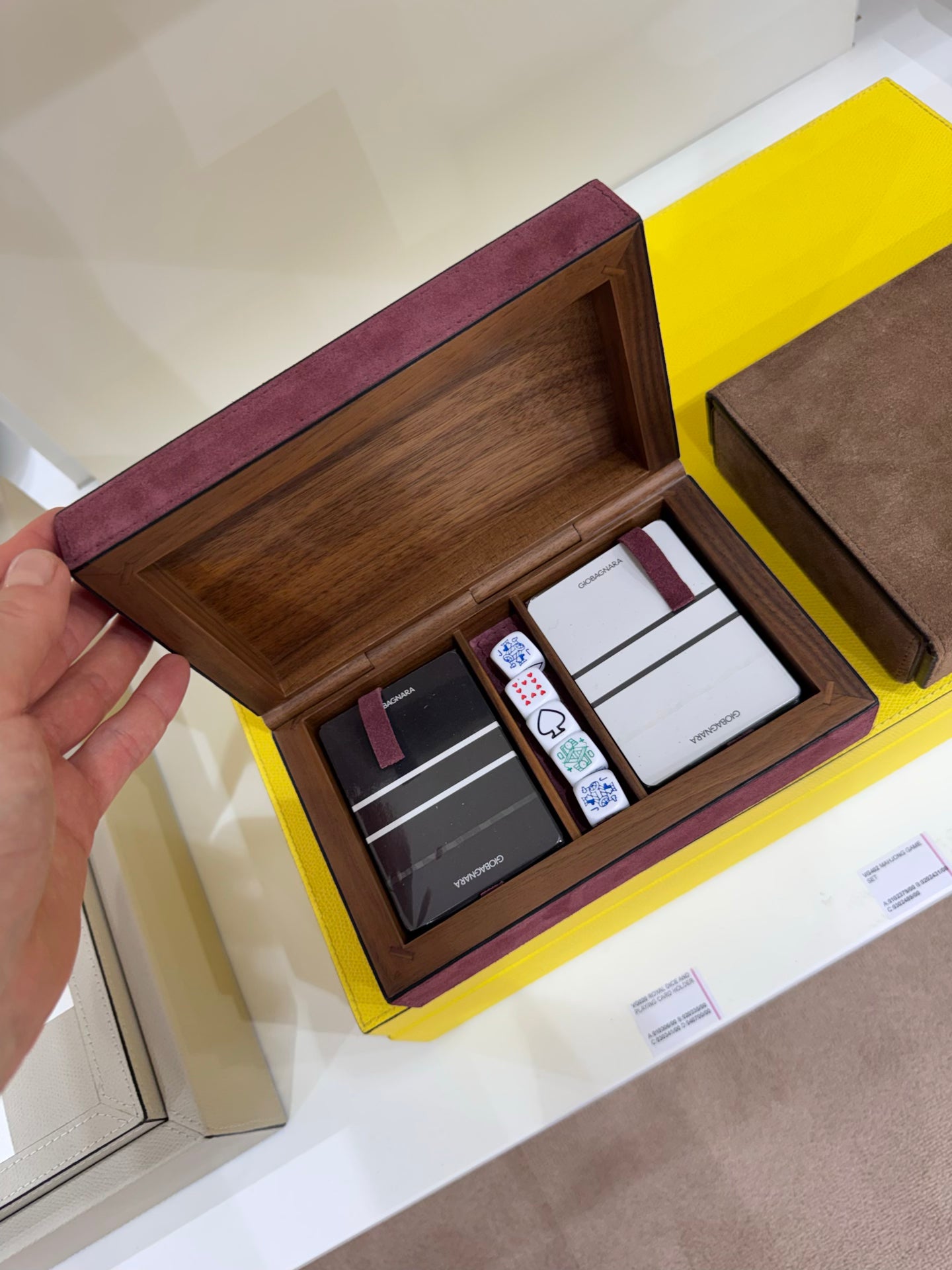 Giobagnara Royal Dice and Playing Card Holder | Leather-covered walnut case with walnut hinge | Includes two decks of high-quality playing cards and five poker dice | Games and Entertainment | 2Jour Concierge, your luxury lifestyle shop
