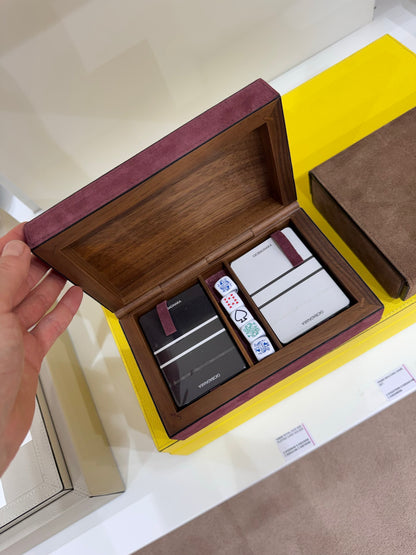 Giobagnara Royal Dice and Playing Card Holder | Leather-covered walnut case with walnut hinge | Includes two decks of high-quality playing cards and five poker dice | Games and Entertainment | 2Jour Concierge, your luxury lifestyle shop