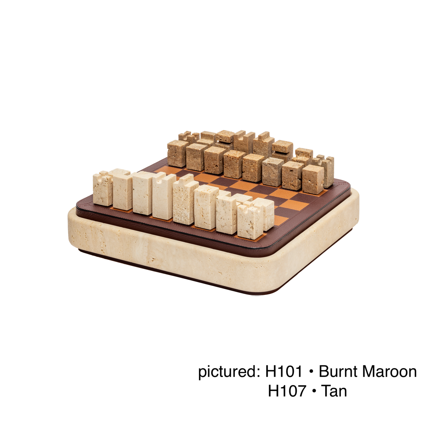 Giobagnara | Rodi Chess: Travertine chess set with leather-covered board and integrated storage | Games / Chess Sets | 2Jour Concierge, your luxury lifestyle shop | premium game sets for expensive interiors, private libraries, studies, and curated living rooms