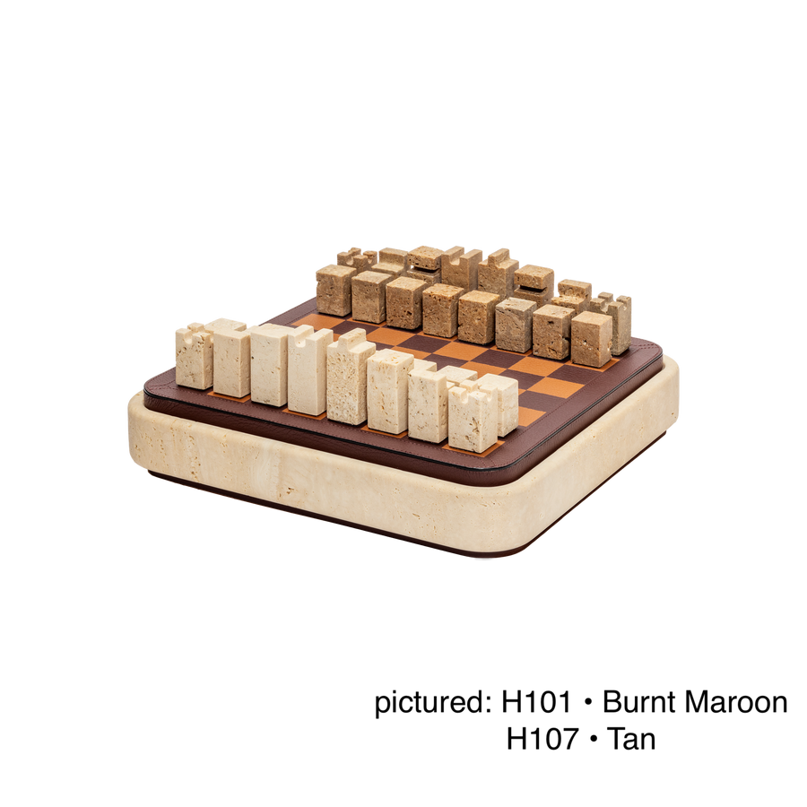 Giobagnara | Rodi Chess: Travertine chess set with leather-covered board and integrated storage | Games / Chess Sets | 2Jour Concierge, your luxury lifestyle shop | premium game sets for expensive interiors, private libraries, studies, and curated living rooms