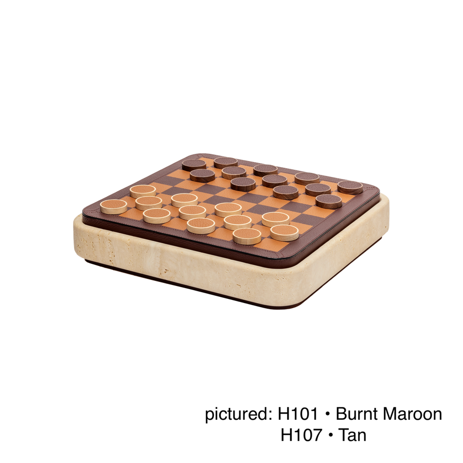 Giobagnara | Rodi Chess: Travertine chess set with leather-covered board and integrated storage | Games / Chess Sets | 2Jour Concierge, your luxury lifestyle shop | premium game sets for expensive interiors, private libraries, studies, and curated living rooms