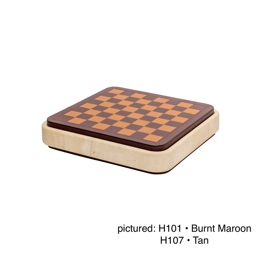 Giobagnara | Rodi Chess: Travertine chess set with leather-covered board and integrated storage | Games / Chess Sets | 2Jour Concierge, your luxury lifestyle shop | premium game sets for expensive interiors, private libraries, studies, and curated living rooms