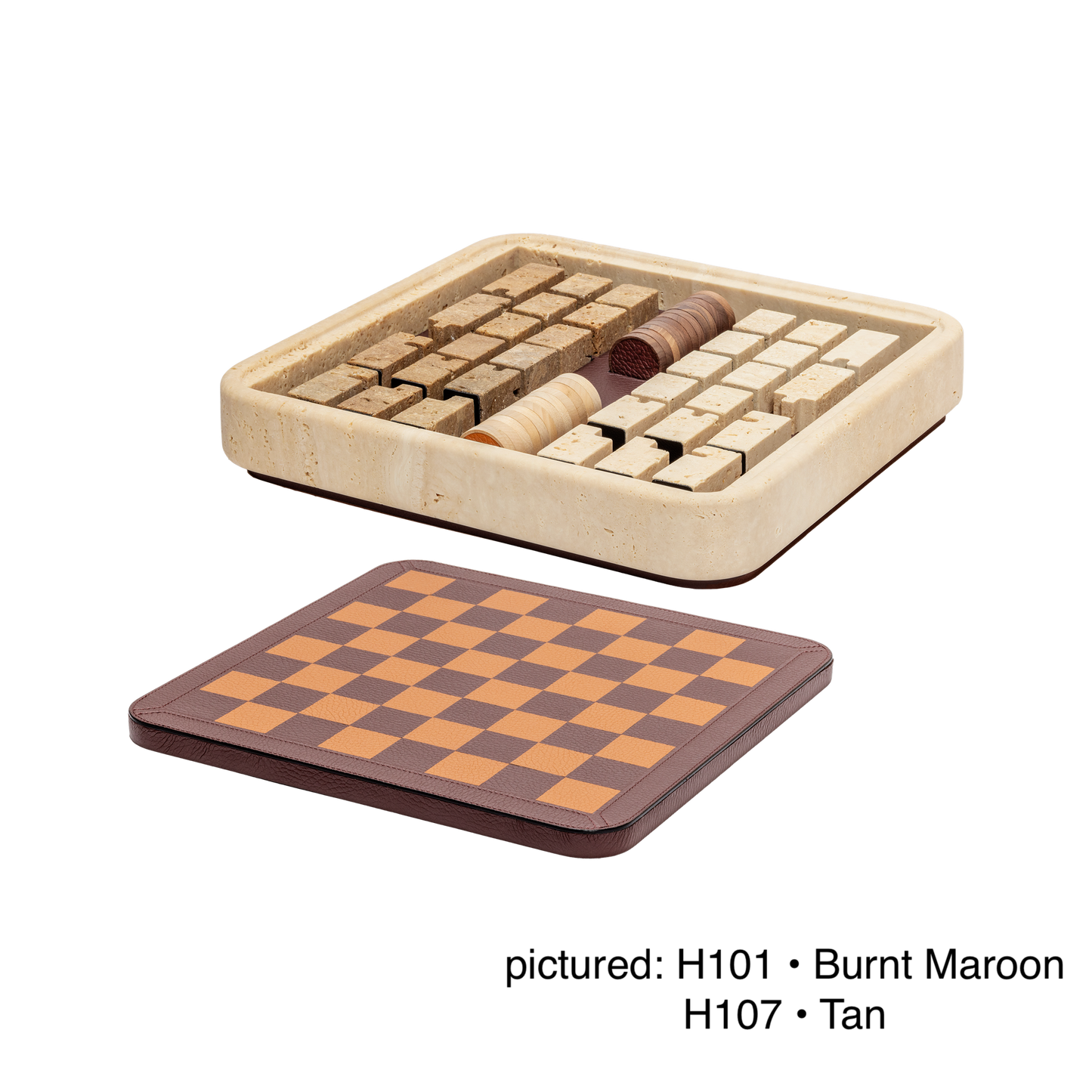 Giobagnara | Rodi Chess: Travertine chess set with leather-covered board and integrated storage | Games / Chess Sets | 2Jour Concierge, your luxury lifestyle shop | premium game sets for expensive interiors, private libraries, studies, and curated living rooms