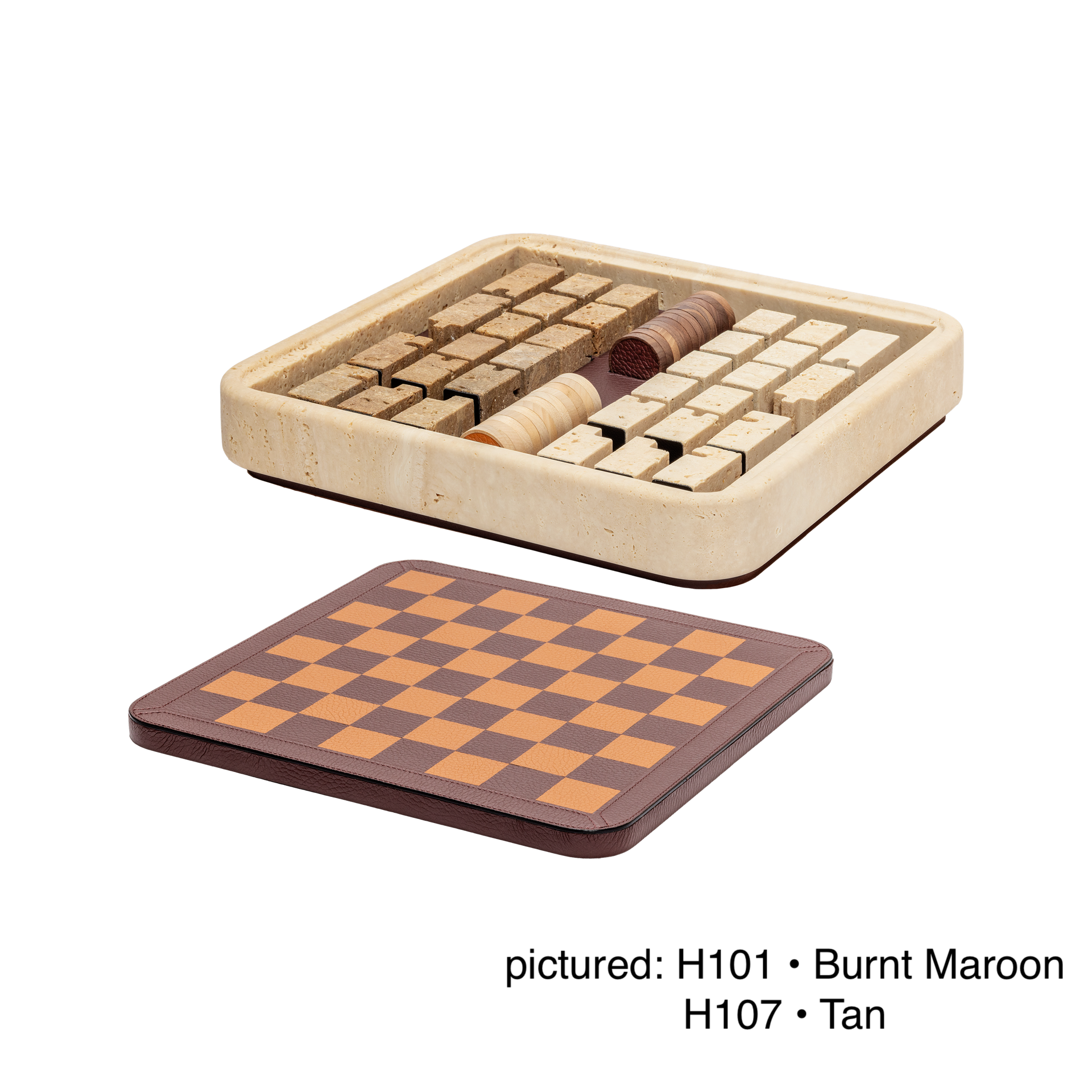 Giobagnara | Rodi Chess: Travertine chess set with leather-covered board and integrated storage | Games / Chess Sets | 2Jour Concierge, your luxury lifestyle shop | premium game sets for expensive interiors, private libraries, studies, and curated living rooms