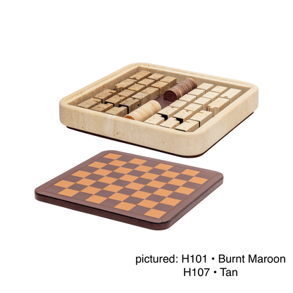 Giobagnara | Rodi Chess: Travertine chess set with leather-covered board and integrated storage | Games / Chess Sets | 2Jour Concierge, your luxury lifestyle shop | premium game sets for expensive interiors, private libraries, studies, and curated living rooms