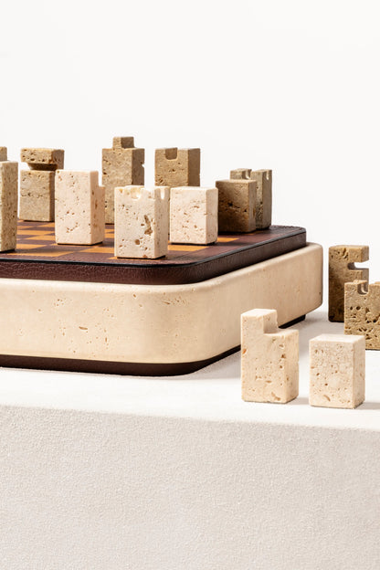 Giobagnara | Rodi Chess: Travertine chess set with leather-covered board and integrated storage | Games / Chess Sets | 2Jour Concierge, your luxury lifestyle shop | premium game sets for expensive interiors, private libraries, studies, and curated living rooms