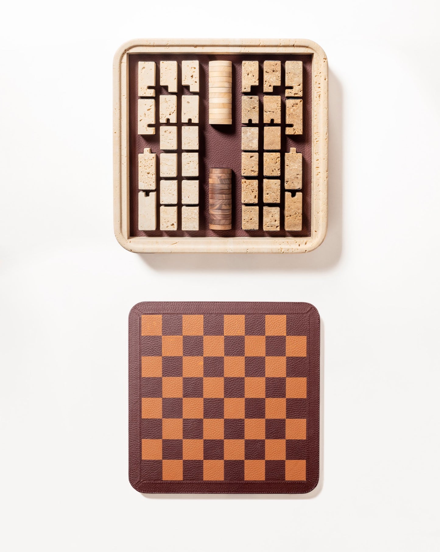 Giobagnara | Rodi Chess: Travertine chess set with leather-covered board and integrated storage | Games / Chess Sets | 2Jour Concierge, your luxury lifestyle shop | premium game sets for expensive interiors, private libraries, studies, and curated living rooms