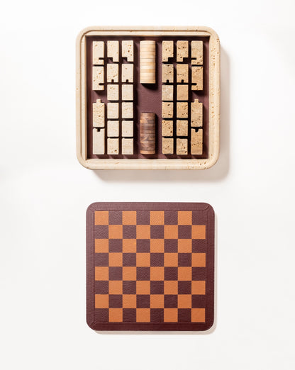 Giobagnara | Rodi Chess: Travertine chess set with leather-covered board and integrated storage | Games / Chess Sets | 2Jour Concierge, your luxury lifestyle shop | premium game sets for expensive interiors, private libraries, studies, and curated living rooms