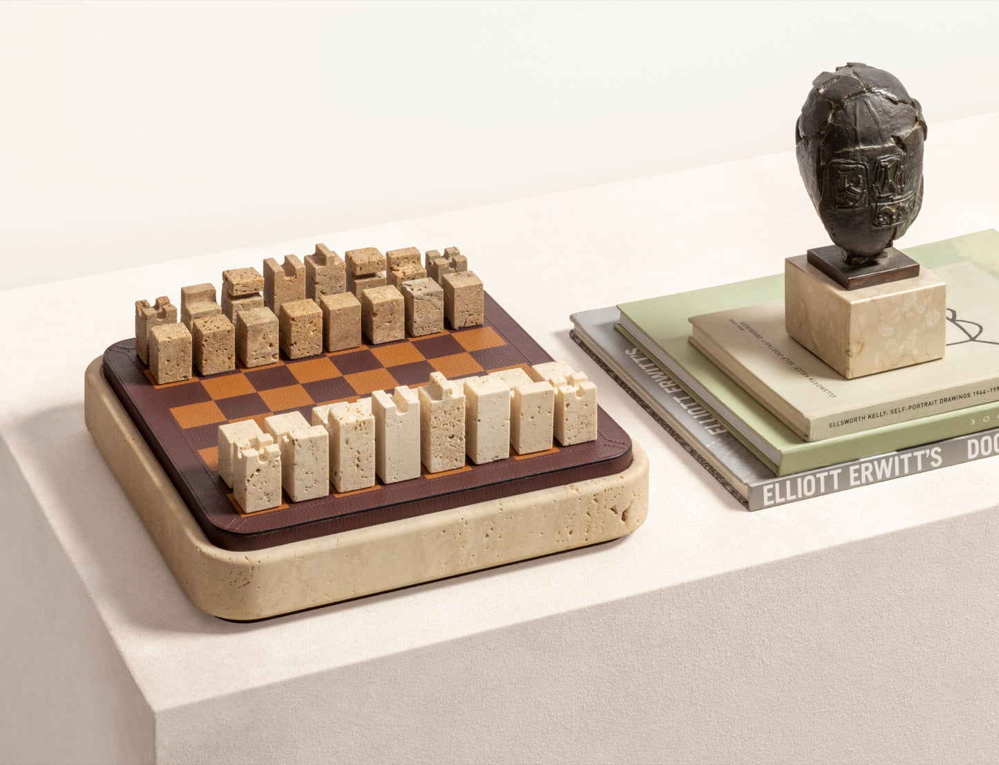 Giobagnara | Rodi Chess: Travertine chess set with leather-covered board and integrated storage | Games / Chess Sets | 2Jour Concierge, your luxury lifestyle shop | premium game sets for expensive interiors, private libraries, studies, and curated living rooms