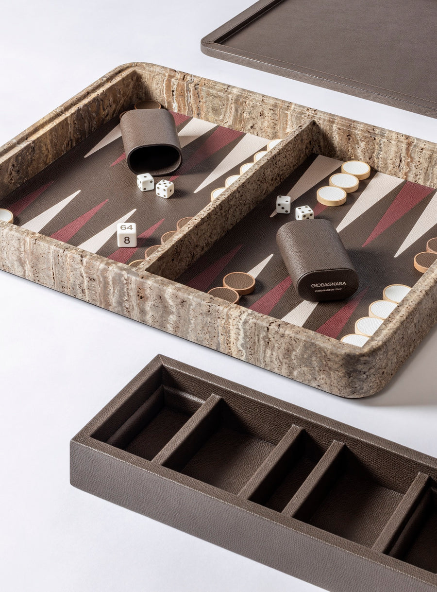 Giobagnara | Rodi Backgammon: Travertine backgammon set with leather-covered board and integrated storage | Games / Backgammon Sets | 2Jour Concierge, your luxury lifestyle shop | high-end game sets for expensive interiors, entertainment rooms, private lounges, and refined hospitality spaces