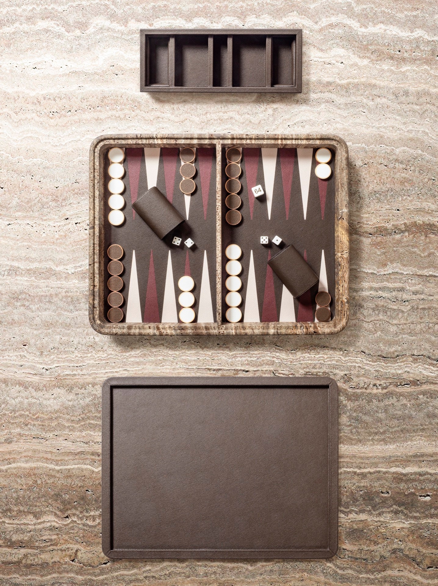 Giobagnara | Rodi Backgammon: Travertine backgammon set with leather-covered board and integrated storage | Games / Backgammon Sets | 2Jour Concierge, your luxury lifestyle shop | high-end game sets for expensive interiors, entertainment rooms, private lounges, and refined hospitality spaces