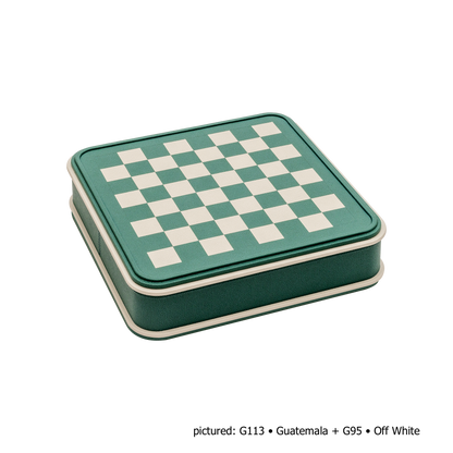 Giobagnara | Rolli Chess and Draughts Set: Leather-covered case with marquetry lid, maple and walnut pieces, leather-inlaid draughts | Game Room | 2Jour Concierge, your luxury lifestyle shop | luxury chess set, Giobagnara Rolli, leather chess board, Italian designer game set, luxury board game