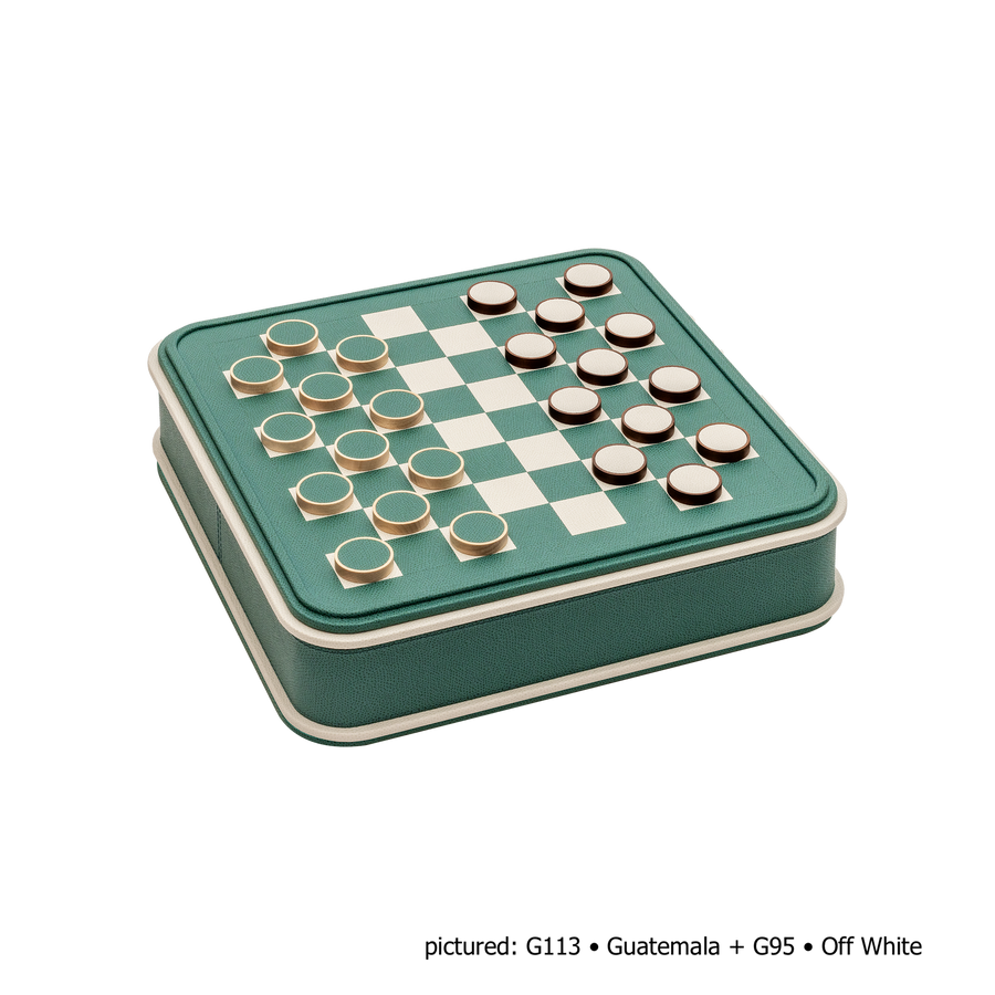 Giobagnara | Rolli Chess and Draughts Set: Leather-covered case with marquetry lid, maple and walnut pieces, leather-inlaid draughts | Game Room | 2Jour Concierge, your luxury lifestyle shop | luxury chess set, Giobagnara Rolli, leather chess board, Italian designer game set, luxury board game