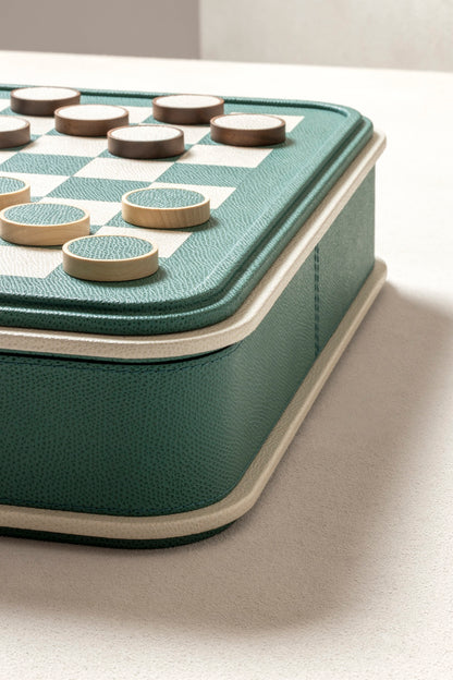 Giobagnara | Rolli Chess and Draughts Set: Leather-covered case with marquetry lid, maple and walnut pieces, leather-inlaid draughts | Game Room | 2Jour Concierge, your luxury lifestyle shop | luxury chess set, Giobagnara Rolli, leather chess board, Italian designer game set, luxury board game