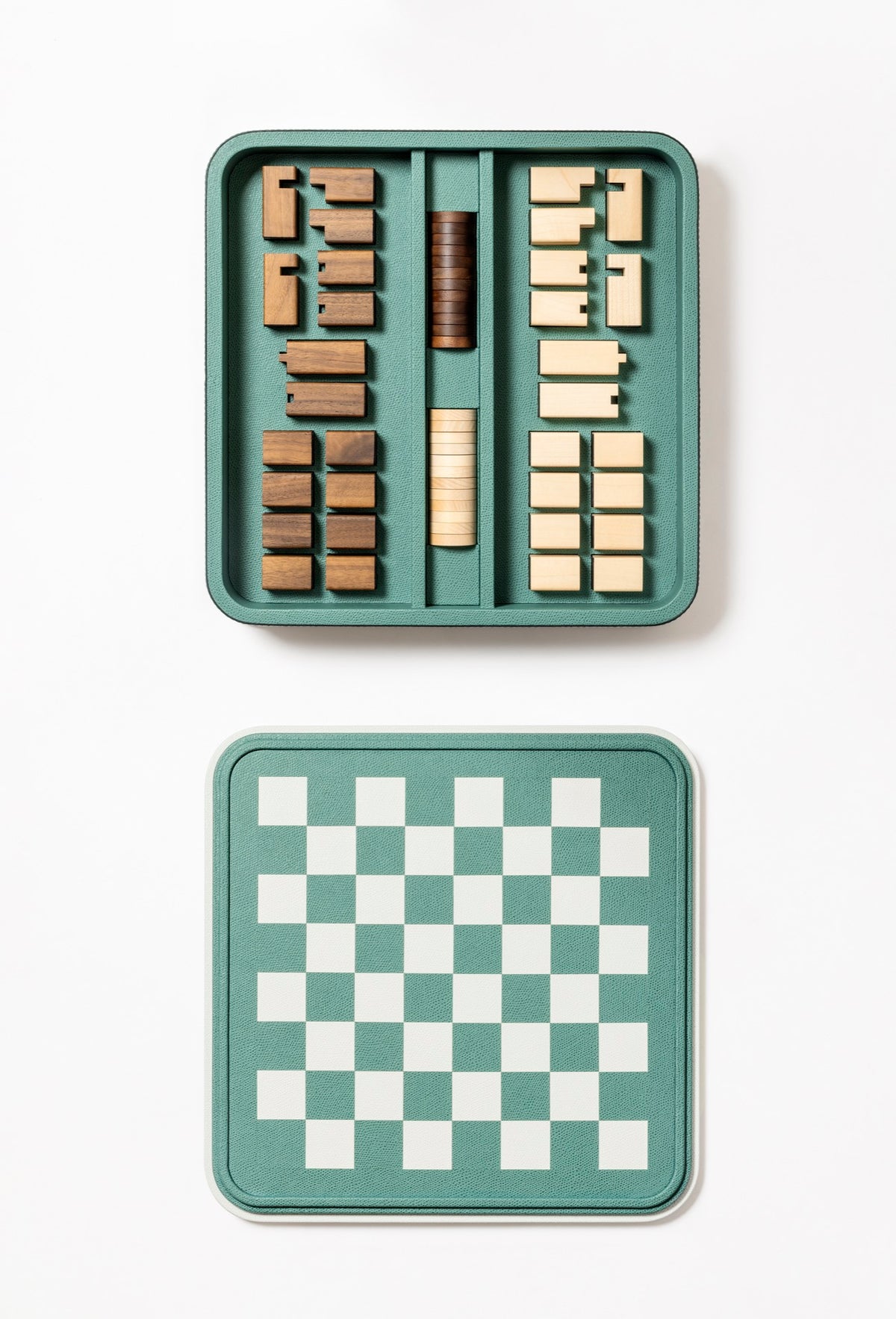 Giobagnara | Rolli Chess and Draughts Set: Leather-covered case with marquetry lid, maple and walnut pieces, leather-inlaid draughts | Game Room | 2Jour Concierge, your luxury lifestyle shop | luxury chess set, Giobagnara Rolli, leather chess board, Italian designer game set, luxury board game