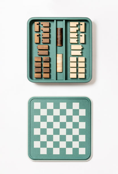 Giobagnara | Rolli Chess and Draughts Set: Leather-covered case with marquetry lid, maple and walnut pieces, leather-inlaid draughts | Game Room | 2Jour Concierge, your luxury lifestyle shop | luxury chess set, Giobagnara Rolli, leather chess board, Italian designer game set, luxury board game