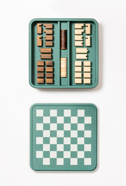 Giobagnara | Rolli Chess and Draughts Set: Leather-covered case with marquetry lid, maple and walnut pieces, leather-inlaid draughts | Game Room | 2Jour Concierge, your luxury lifestyle shop | luxury chess set, Giobagnara Rolli, leather chess board, Italian designer game set, luxury board game