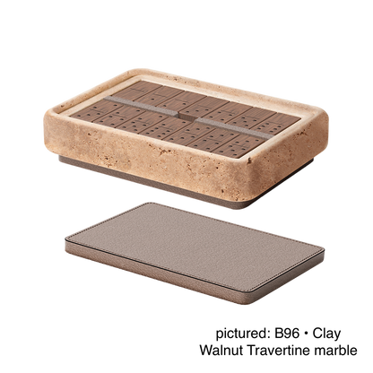 Giobagnara | Rodi Domino: Travertine domino game set with wooden tiles and leather-covered lid | Games / Domino Game Sets | 2Jour Concierge, your luxury lifestyle shop | luxury game objects, premium table games for expensive interiors, living rooms, libraries, and curated leisure spaces