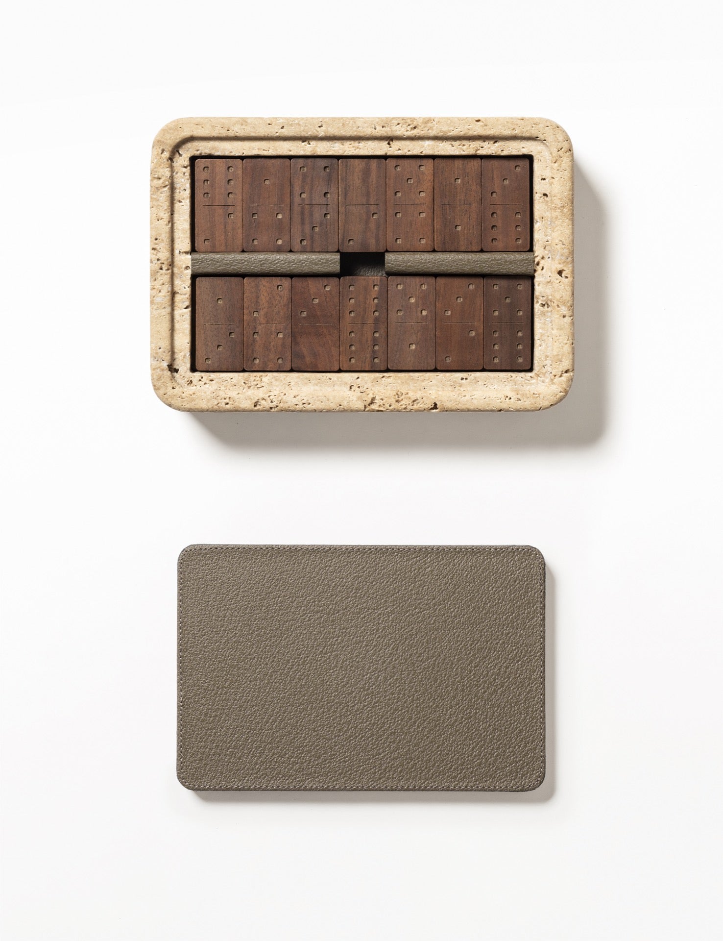 Giobagnara | Rodi Domino: Travertine domino game set with wooden tiles and leather-covered lid | Games / Domino Game Sets | 2Jour Concierge, your luxury lifestyle shop | luxury game objects, premium table games for expensive interiors, living rooms, libraries, and curated leisure spaces