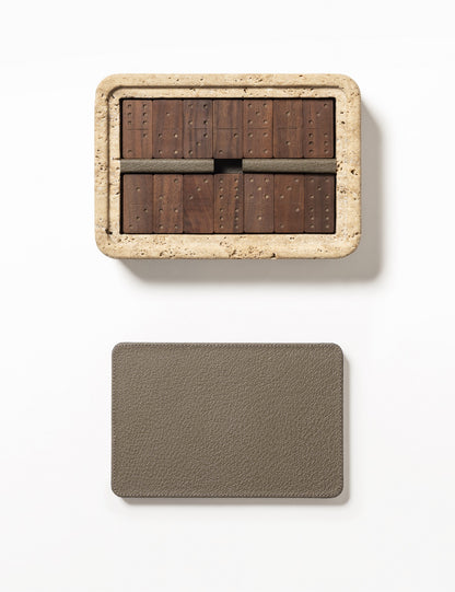 Giobagnara | Rodi Domino: Travertine domino game set with wooden tiles and leather-covered lid | Games / Domino Game Sets | 2Jour Concierge, your luxury lifestyle shop | luxury game objects, premium table games for expensive interiors, living rooms, libraries, and curated leisure spaces
