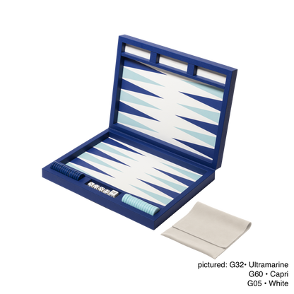 Giobagnara Lerici | Backgammon Set: Leather with high-gloss inlaid playing field, lacquered dice, and resistant acrylic chips, smooth finish | Games / Backgammon Sets | 2Jour Concierge, your luxury lifestyle shop | luxury interiors, hospitality décor, elegant living, designer home accessories, boutique hotels, refined lifestyle, yacht décor, office décor, executive interiors