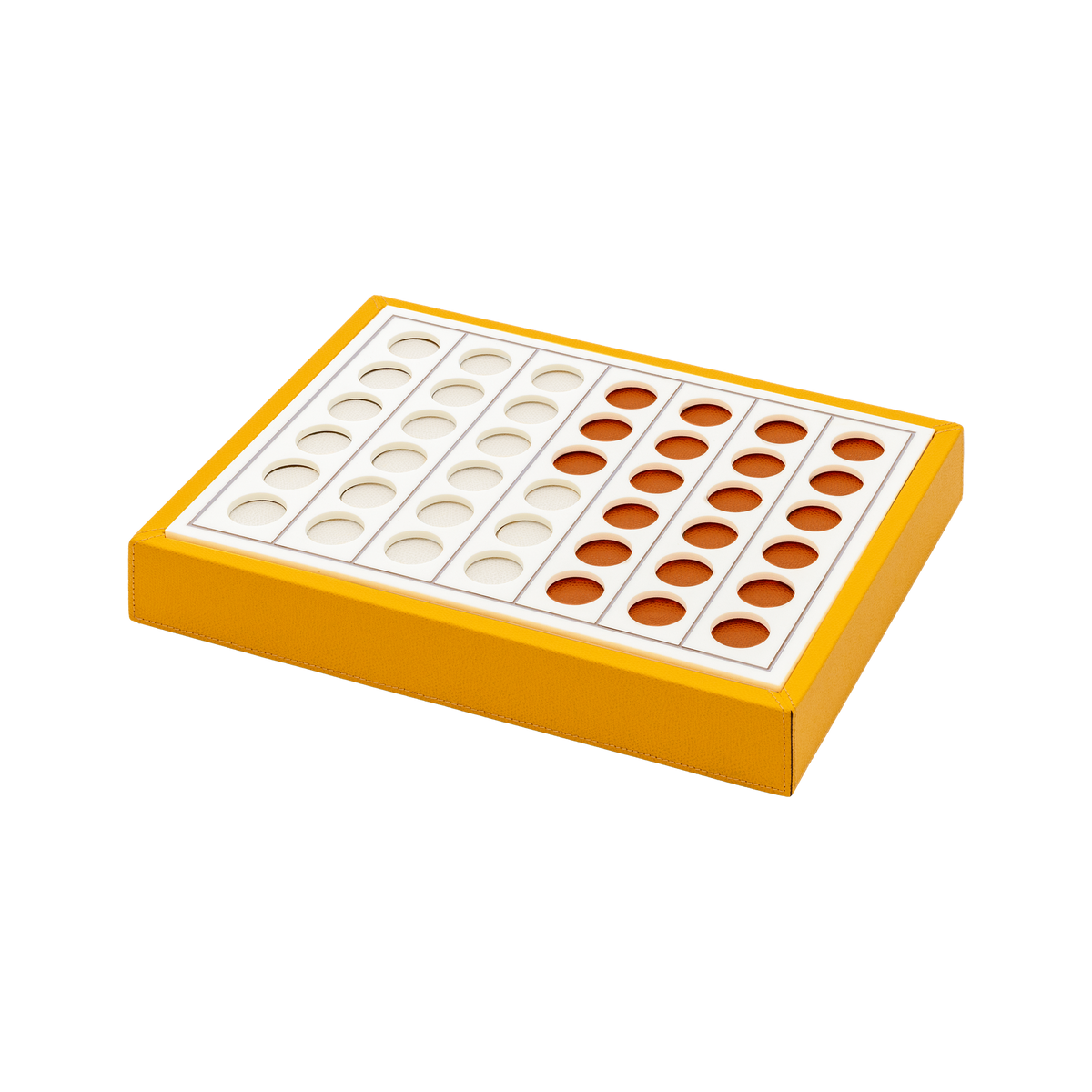 Giobagnara | Lerici Connect Four Game Set: Leather-covered wood base with plexiglass playing field and walnut chips with leather inserts | Game Room | 2Jour Concierge, your luxury lifestyle shop | luxury connect four, Giobagnara Lerici, leather game set, Italian designer game