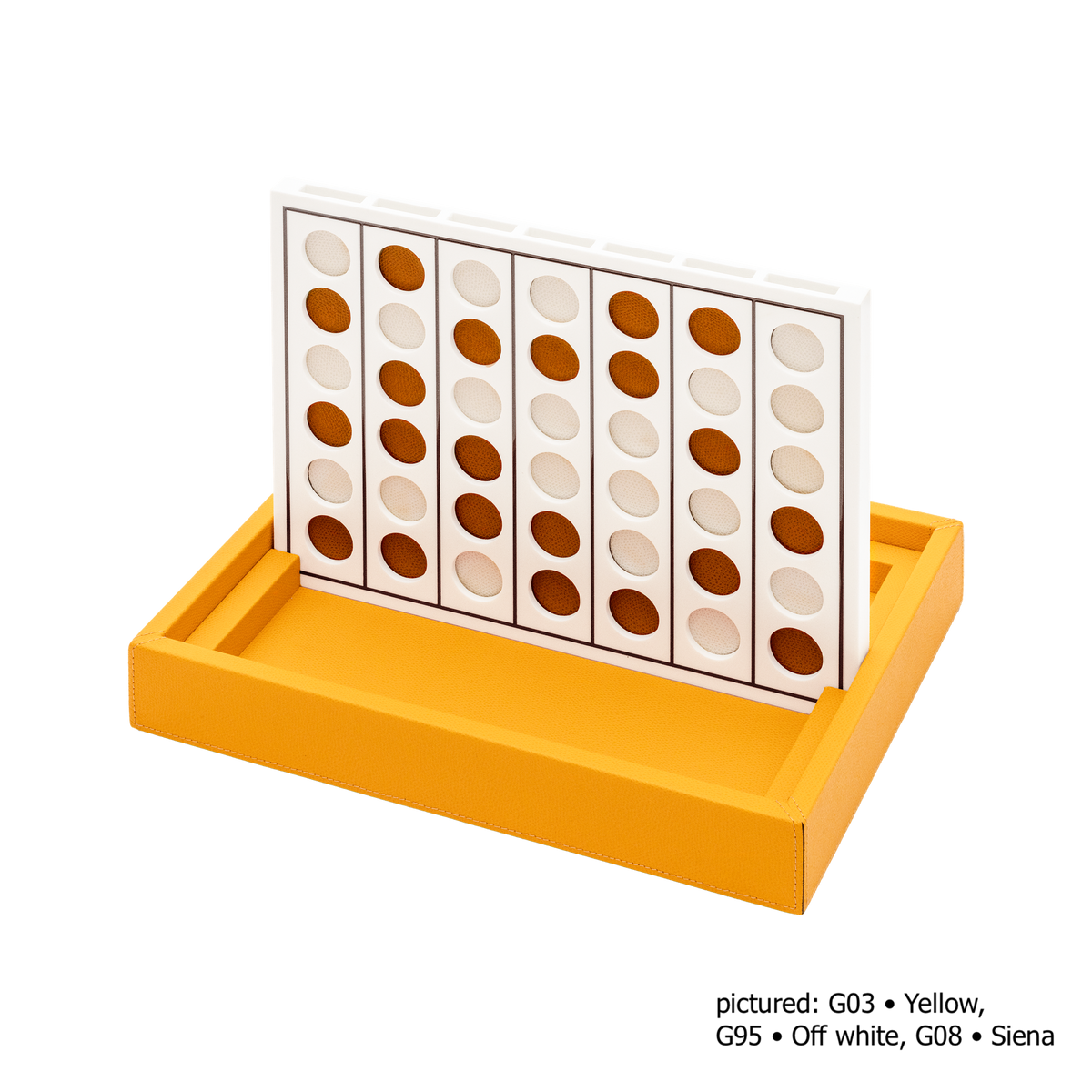 Giobagnara | Lerici Connect Four Game Set: Leather-covered wood base with plexiglass playing field and walnut chips with leather inserts | Game Room | 2Jour Concierge, your luxury lifestyle shop | luxury connect four, Giobagnara Lerici, leather game set, Italian designer game
