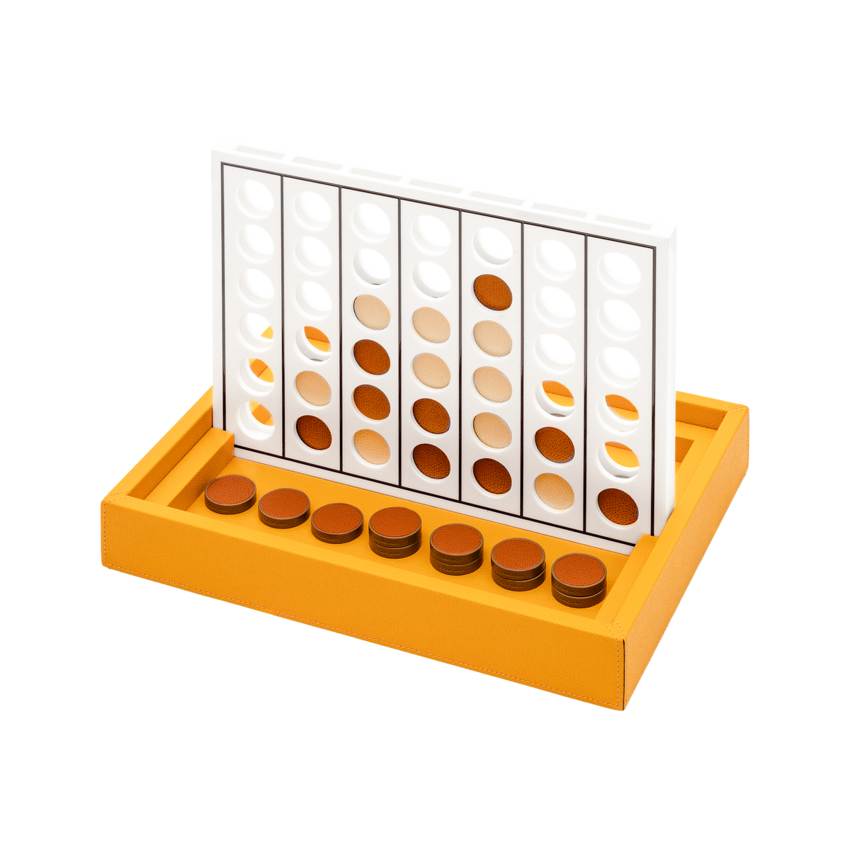 Giobagnara | Lerici Connect Four Game Set: Leather-covered wood base with plexiglass playing field and walnut chips with leather inserts | Game Room | 2Jour Concierge, your luxury lifestyle shop | luxury connect four, Giobagnara Lerici, leather game set, Italian designer game