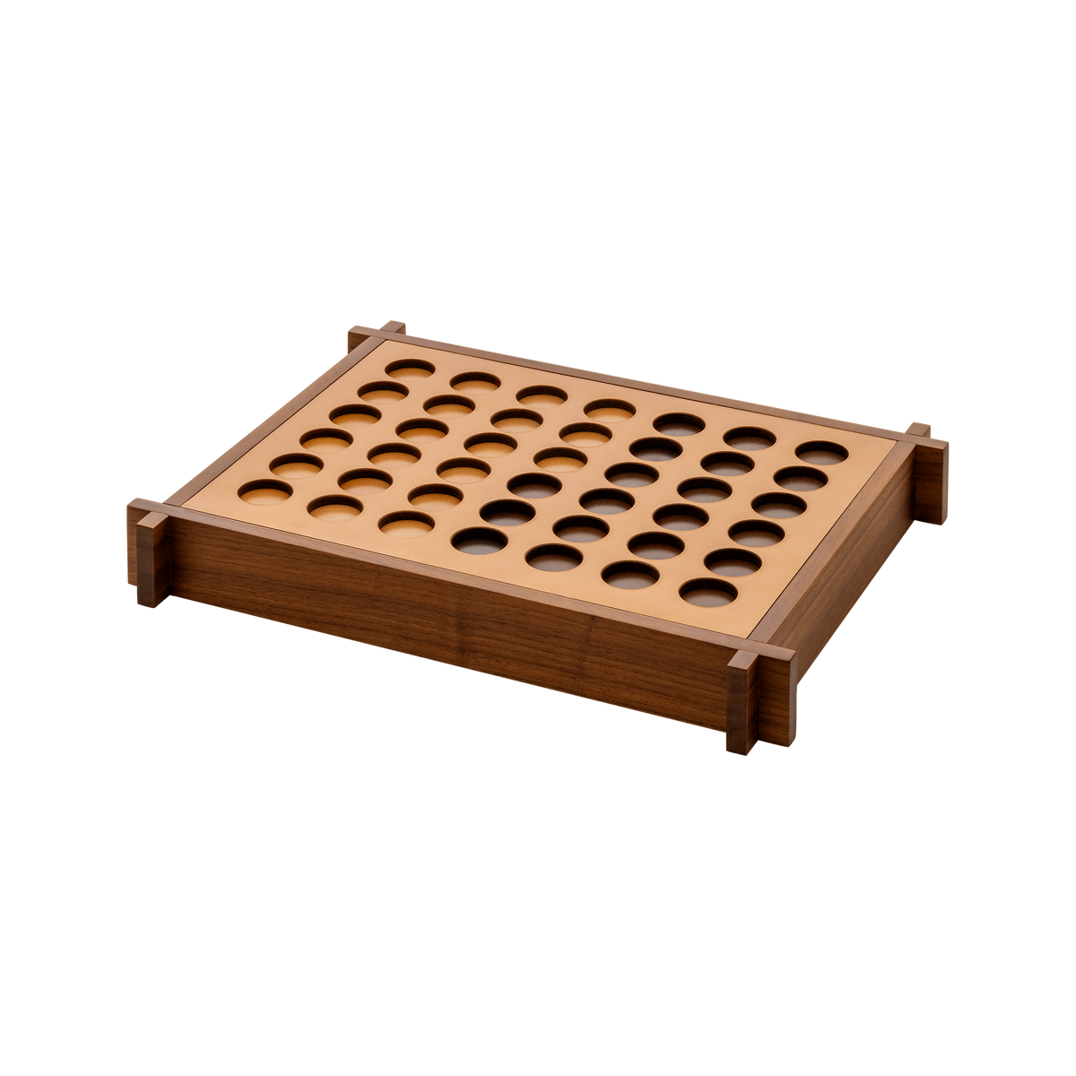 Giobagnara | Structura Connect Four Game Set: Wood structure with sole leather playing field and chips in brown and natural | Game Room | 2Jour Concierge, your luxury lifestyle shop | luxury connect four, Giobagnara Structura, sole leather game set, Italian designer game