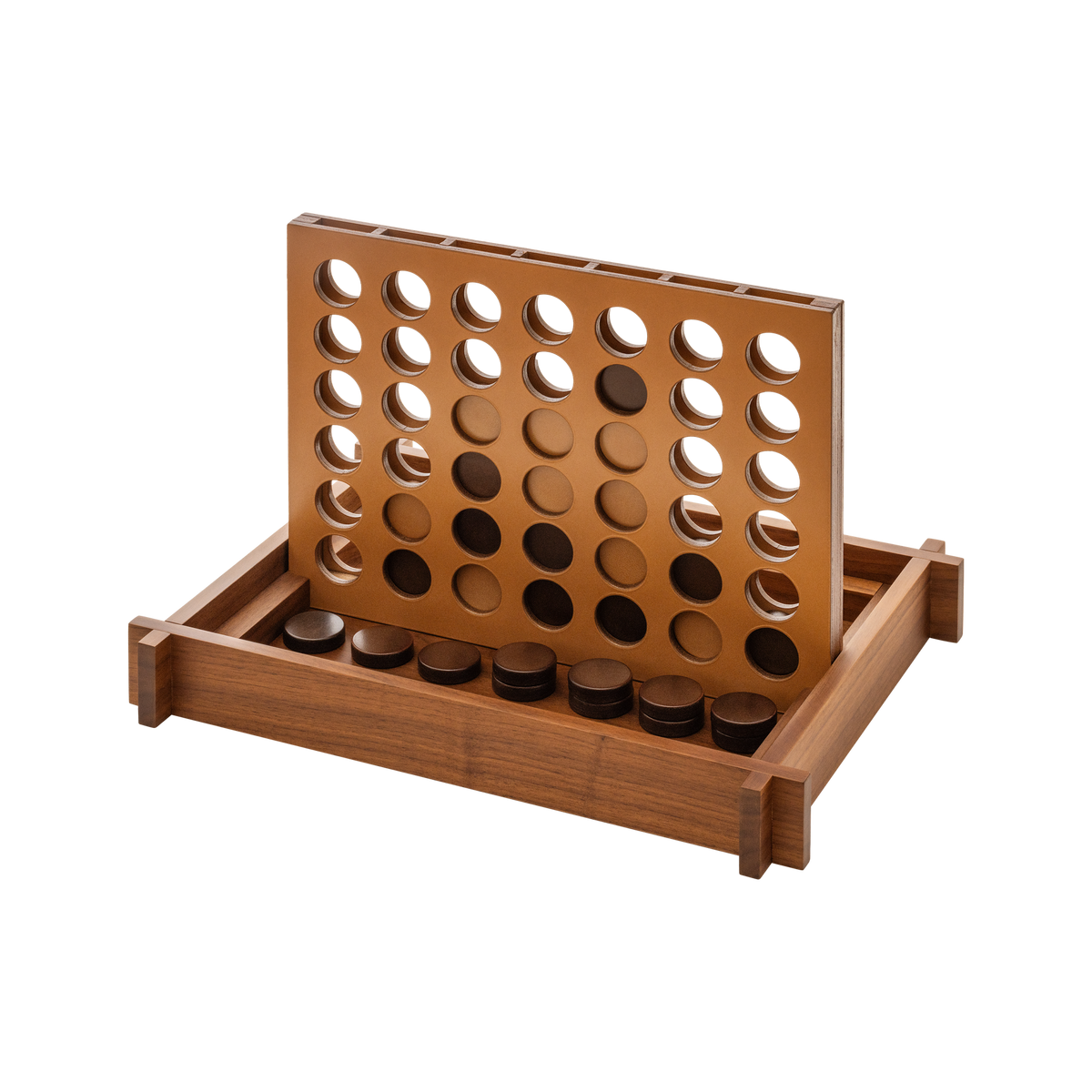 Giobagnara | Structura Connect Four Game Set: Wood structure with sole leather playing field and chips in brown and natural | Game Room | 2Jour Concierge, your luxury lifestyle shop | luxury connect four, Giobagnara Structura, sole leather game set, Italian designer game