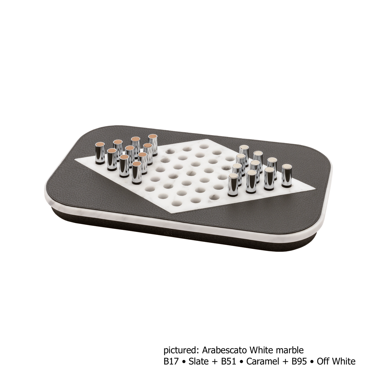Giobagnara | Delos Chinese Checkers Set Marble: Leather-covered marble board with metal playing pieces with leather inserts — arabescato white or travertino | Game Room | 2Jour Concierge, your luxury lifestyle shop | luxury chinese checkers marble, Giobagnara Delos, marble game set, Italian designer board game