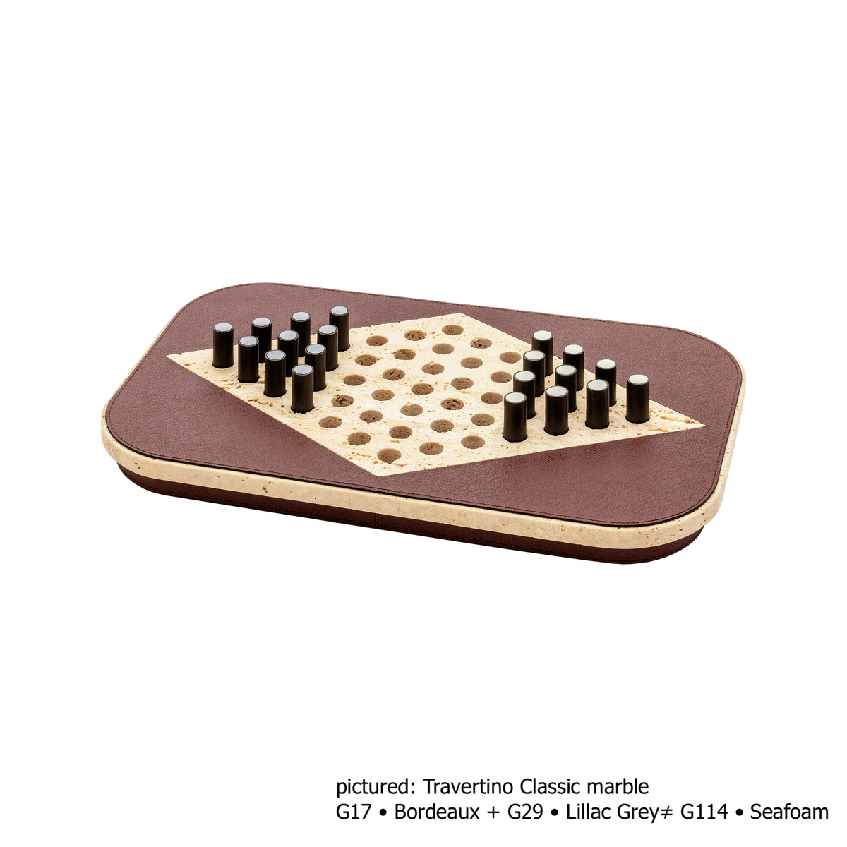 Giobagnara | Delos Chinese Checkers Set Marble: Leather-covered marble board with metal playing pieces with leather inserts — arabescato white or travertino | Game Room | 2Jour Concierge, your luxury lifestyle shop | luxury chinese checkers marble, Giobagnara Delos, marble game set, Italian designer board game