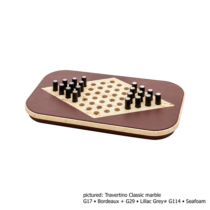 Giobagnara | Delos Chinese Checkers Set Marble: Leather-covered marble board with metal playing pieces with leather inserts — arabescato white or travertino | Game Room | 2Jour Concierge, your luxury lifestyle shop | luxury chinese checkers marble, Giobagnara Delos, marble game set, Italian designer board game
