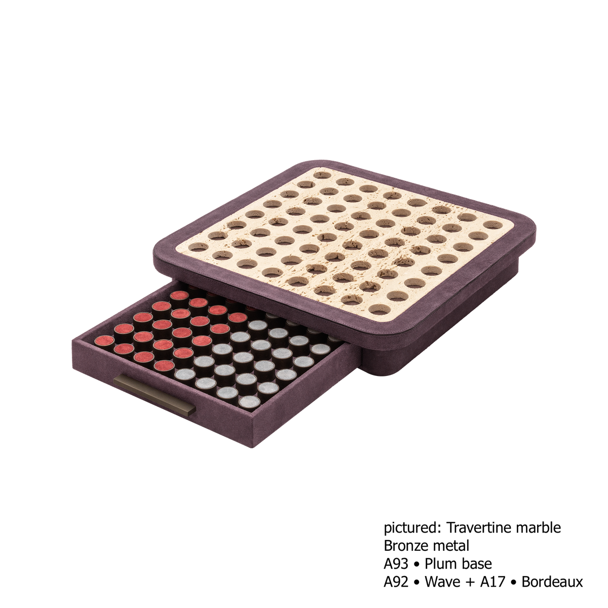 Giobagnara | Delos Othello Game Set Marble: Arabescato white or travertino leather-covered board with metal playing pieces and leather inserts | Game Room | 2Jour Concierge, your luxury lifestyle shop | luxury othello marble, Giobagnara Delos, marble game board, Italian designer game
