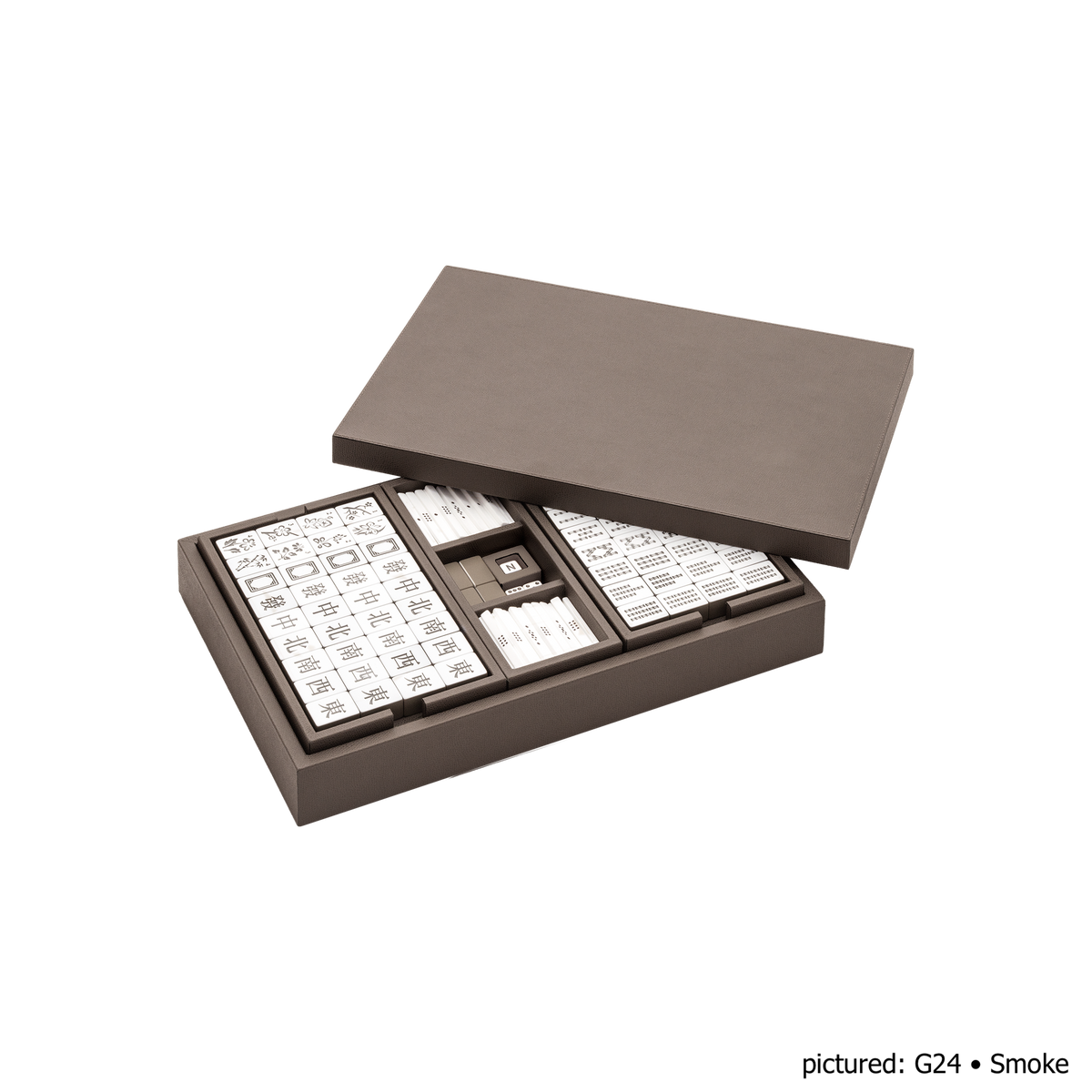 Giobagnara | Mahjong Game Set: Leather-covered wood case with opaque plexiglass tiles, sticks, and dice | Game Room | 2Jour Concierge, your luxury lifestyle shop | luxury mahjong set, Giobagnara mahjong, leather game case, Italian designer game, complete mahjong