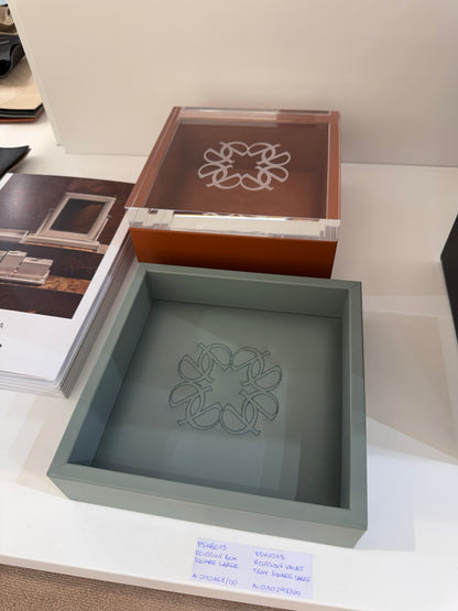 x Elie Saab Monogram Leather Trinket Box Square w Carved Acrylic Lid