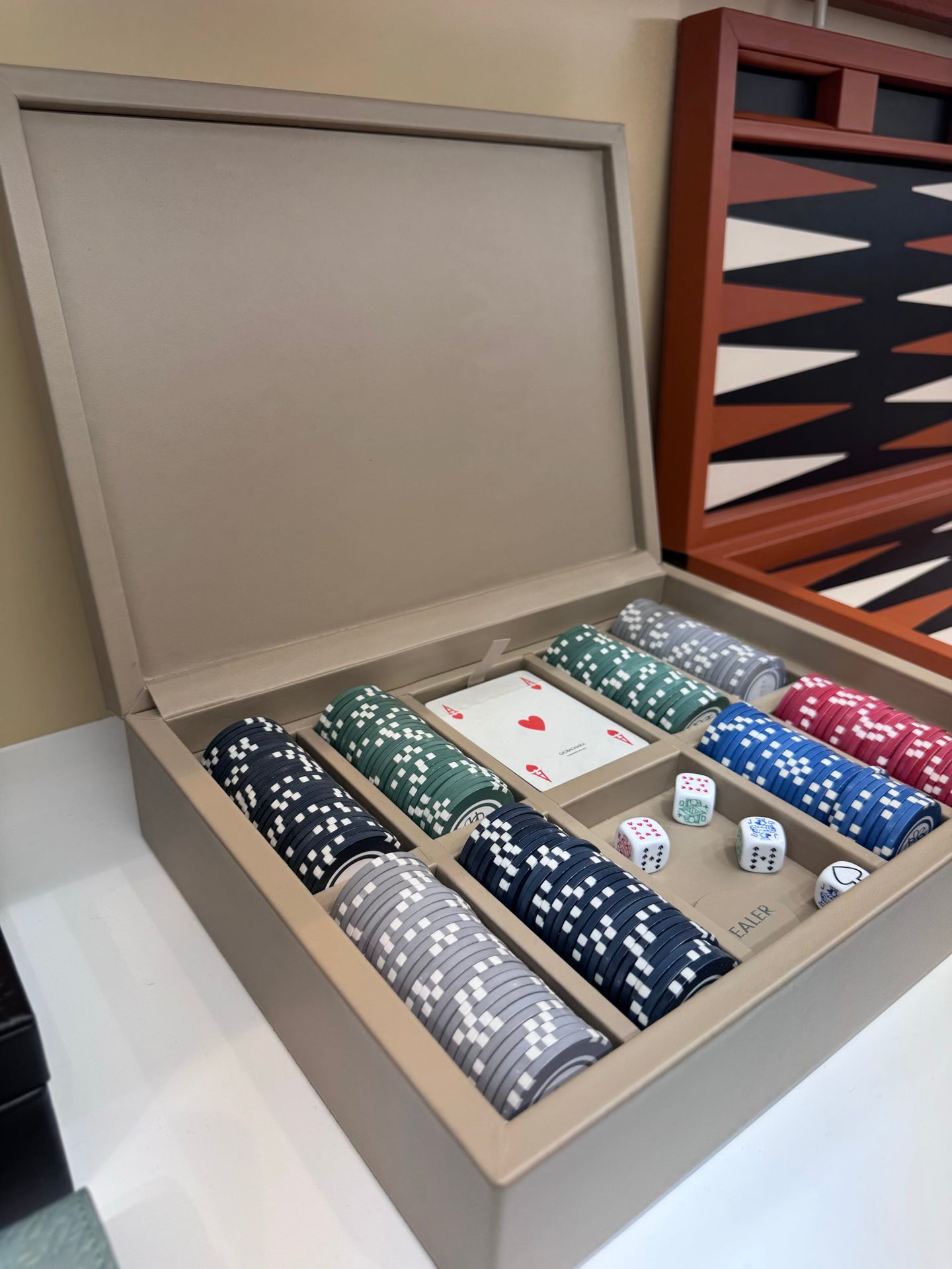 Giobagnara x Elie Saab Monogram Poker Game Set | Leather box with a hinged leather lid featuring the Elie Saab Monogram pattern | Includes a deck of high-quality playing cards and ceramic poker chips with five denominations | Games and Entertainment | 2Jour Concierge, your luxury lifestyle shop