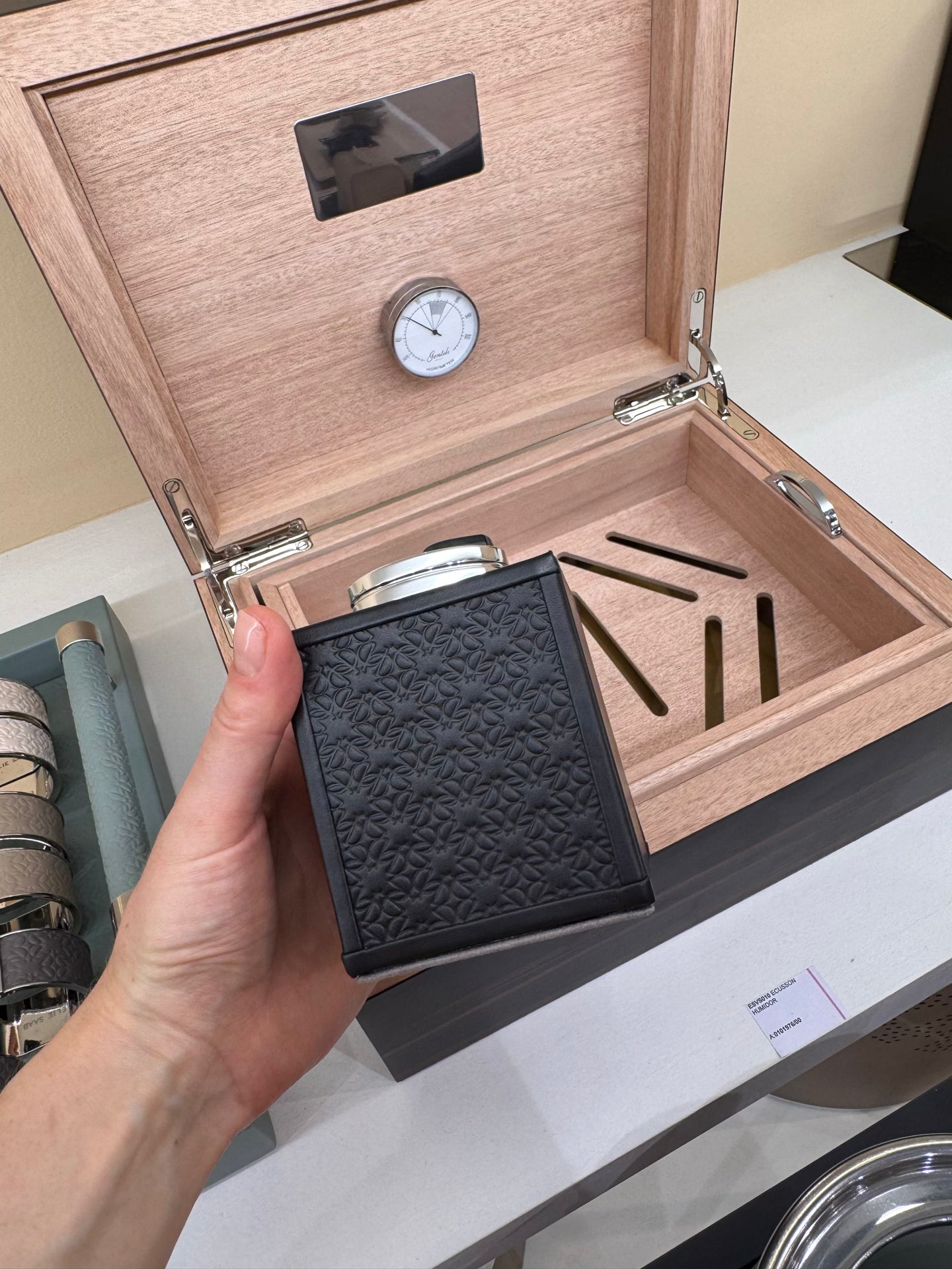Giobagnara x Elie Saab Monogram Table Lighter | Table lighter with padded leather inserts featuring the Elie Saab Monogram pattern | Polished palladium details | Sophisticated and stylish accessory | Home Decor and Accessories | 2Jour Concierge, your luxury lifestyle shop